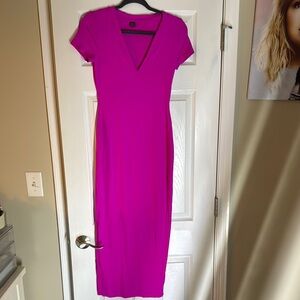 SHEIN Pink V-Neck Short Sleeve Sheath Midi Dress